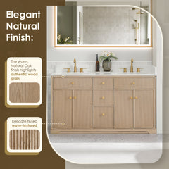 Altair Barnett 60" Double Bathroom Vanity in Natural Oak with Grain White Engineered Stone Countertop No Mirror