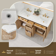 Altair Barnett 60" Double Bathroom Vanity in Natural Oak with Grain White Engineered Stone Countertop No Mirror