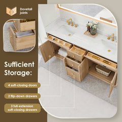 Altair Barnett 72" Double Bathroom Vanity in Natural Oak with Grain White Engineered Stone Countertop No Mirror