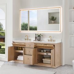 Altair Barnett 72" Double Bathroom Vanity in Natural Oak with Grain White Engineered Stone Countertop No Mirror