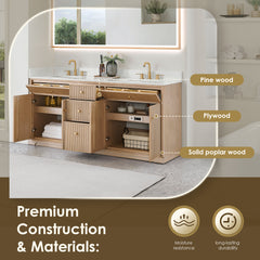 Altair Barnett 72" Double Bathroom Vanity in Natural Oak with Grain White Engineered Stone Countertop No Mirror