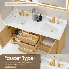 Altair Cecil 60" Double Bathroom Vanity in White Oak with Grain White Engineered Stone Countertop No Mirror