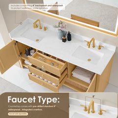Altair Cecil 72" Double Bathroom Vanity in White Oak with Grain White Engineered Stone Countertop No Mirror