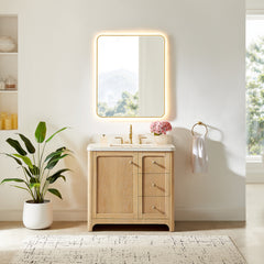 Altair Milner 36" Single Bathroom Vanity in Brushed Oak with Grain White Engineered Stone Countertop without Mirror