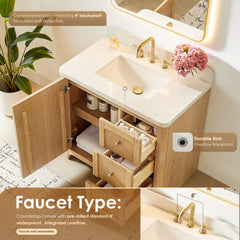 Altair Milner 36" Single Bathroom Vanity in Brushed Oak with Grain White Engineered Stone Countertop without Mirror