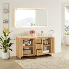Altair Milner 60" Double Bathroom Vanity in Brushed Oak with Grain White Engineered Stone Countertop without Mirror