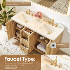 Altair Milner 60" Double Bathroom Vanity in Brushed Oak with Grain White Engineered Stone Countertop without Mirror
