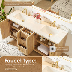 Altair Milner 72" Double Bathroom Vanity in Brushed Oak with Grain White Engineered Stone Countertop without Mirror