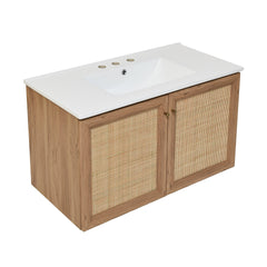 Swiss Madison Classe 36 in. Brown Oak Wall Hung Bathroom Vanity With White, 3-Hole Ceramic Sink Top - SM-BV667-3
