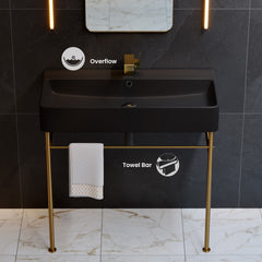 Swiss Madison Carre 36" Ceramic Console Sink Matte Black Basin Brushed Gold Legs - SM-CS753BG - The Home Selection