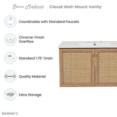 Swiss Madison Classe 36 in. Brown Oak Wall Hung Bathroom Vanity With White, 3-Hole Ceramic Sink Top - SM-BV667-3