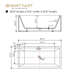 Vanity Art 67"  Freestanding Bathtub White Acrylic Freestanding Soaking Tub | Contemporary Design with Pop-up Drain and Overflow, UPC Certified - B813B2