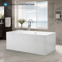 Vanity Art 67"  Freestanding Bathtub White Acrylic Freestanding Soaking Tub | Contemporary Design with Pop-up Drain and Overflow, UPC Certified - B813B2