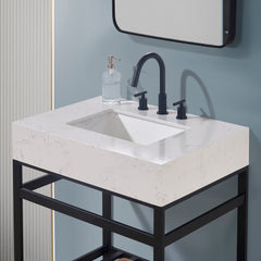 Altair 30. in Engineered Stone Vanity Top in Aosta White Apron with White Sink