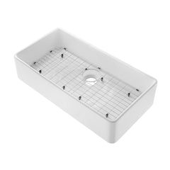 Swiss Madison Elegance 36" x 20" Single Basin Fireclay Farmhouse Kitchen Sink in Glossy White with Stainless Steel Grid - SM-FS3805GW