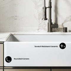 Swiss Madison Elegance 36" x 20" Single Basin Fireclay Farmhouse Kitchen Sink in Glossy White with Stainless Steel Grid - SM-FS3805GW
