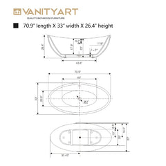 Vanity Art 71" x 33" Freestanding Soaking Bathtub with Modern Design, Overflow, and Pop-up Drain, UPC Certified Acrylic - B8072