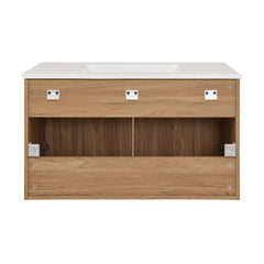 Swiss Madison Classe 36 in. Brown Oak Wall Hung Bathroom Vanity With White, 3-Hole Ceramic Sink Top - SM-BV667-3