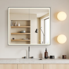 Altair Fenice 36"x32" Rectangular Surface-Mount/Reccessed LED Lighted Bathroom Black Aluminum Mirror Medicine Cabinet