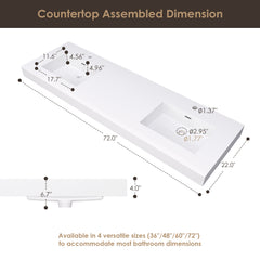 Altair Cromir 72" Highly Durable Resin Vanity Top with Drop-in Sink and Integrated Rectangular Overflow
