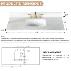 Altair Ceres 49. in Engineered Stone Vanity Top in Grain White with Single White Sink