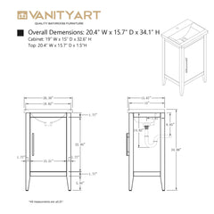 Vanity Art 20-Inch Bathroom Vanity: Single Sink, Ceramic Top, Soft-Closing Doors, Solid Wood Frame - CVI20