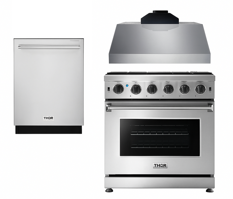 Thor Kitchen Appliance Package - 30 in. Natural Gas Range, Range Hood, Microwave Drawer, Refrigerator, Dishwasher