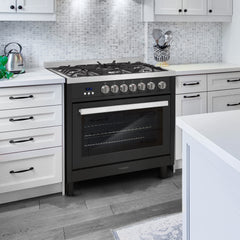 Cosmo Cosmo 36 in. Nebula Collection 3.8 cu. ft. Gas Range, 5 Burners, Rapid Convection Oven, Cast Iron Grates in Matte Black - COS-965AGFC-BKS