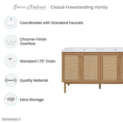 Swiss Madison Classe 60" Freestanding Bathroom Vanity in Golden Oak with 3-Hole Widespread Double Basin Sink Top - SM-BV666D-3