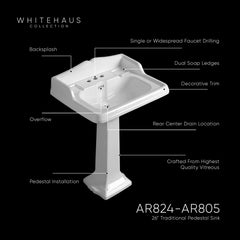 Whitehaus Isabella Collection Traditional Pedestal with an Integrated Large Rectangular Bowl, Backsplash, Dual Soap Ledges, Decorative Trim and Overflow - AR824-AR805