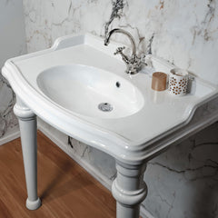 Whitehaus Isabella Collection 40" Rectangular Console Sink with Integrated Oval Bowl, Backsplash and Ceramic Leg Support - AR874-GB001