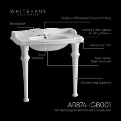 Whitehaus Isabella Collection 40" Rectangular Console Sink with Integrated Oval Bowl, Backsplash and Ceramic Leg Support - AR874-GB001