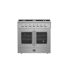 Forno Galiano 36-inch French Door Gas Range Black and Antique Brass Design, 6 Sealed Burners 83,000 BTU, 5.36 cu.ft. Convection Oven - FFSGS6444-36