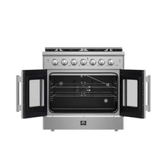 Forno Galiano 36-inch French Door Gas Range Black and Antique Brass Design, 6 Sealed Burners 83,000 BTU, 5.36 cu.ft. Convection Oven - FFSGS6444-36