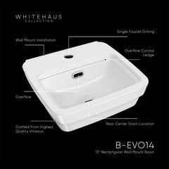 Whitehaus Rectangular Wall Mount Basin with Overflow Control Ledge, Single Faucet Drilling and Overflow - B-EVO