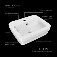 Whitehaus Rectangular Wall Mount Basin with Overflow Control Ledge, Single Faucet Drilling and Overflow - B-EVO