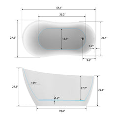 Vanity Art 54 x 28 Inch White Acrylic Freestanding Soaking Tub | Modern Design with Pop-Up Drain and Slotted Overflow - VA6525