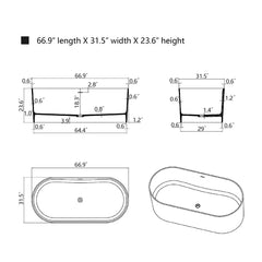 Vanity Art 67" x 32" Freestanding Oval Soaking Stone Resin Bathtub with Overflow and Pop Up Drain - VA6920