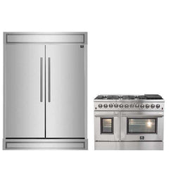 FORNO Premium 2-Piece Kitchen Bundle Galiano, 48" Stainless Steel Range & Maderno 56" Convertible Refrigerator/Freezer with Decorative Trim - FBDL-017-03CAUS