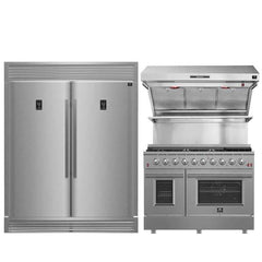 FORNO Premium 3-Piece Kitchen Bundle Galiano 48" Freestanding Gas Range, Rizzuto 60" Dual Combo Convertible Refrigerator, and 48" Wall Mount Range Hood - FBDL-018-02US