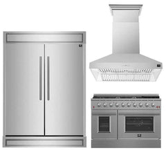 FORNO Premium 3-Piece Kitchen Bundle - Galiano 48" Freestanding Gas Range, FORNO Maderno 60" Convertible Refrigerator/Freezer Built-In with Decorative Grill Trim, 27.2 cu.ft.,  Orvieto 48" Wall Mount Range Hood - FBDL-018-04CAUS