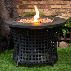 Deko Living Round Outdoor Propane Gas Fire Pit Table – 8,000 BTU Outdoor Fire Pit with Lava Rock Filler & Adjustable Flame Control - COB10009