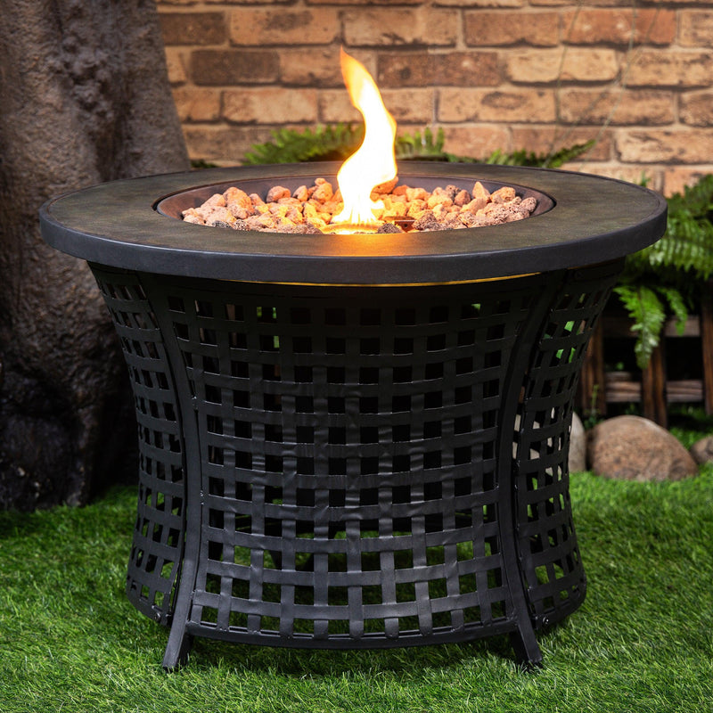 Deko Living Round Outdoor Propane Gas Fire Pit Table – 8,000 BTU Outdoor Fire Pit with Lava Rock Filler & Adjustable Flame Control - COB10009 - The Home Selection