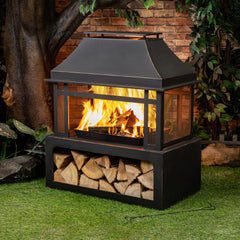 Deko Living 40-Inch Metal Wood Burner Fireplace – Outdoor Wood Burning Fire Pit with Grill, Log Grate & PVC Cover - COB10501