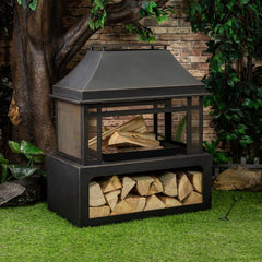 Deko Living 40-Inch Metal Wood Burner Fireplace – Outdoor Wood Burning Fire Pit with Grill, Log Grate & PVC Cover - COB10501