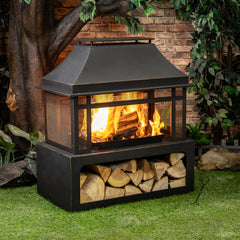Deko Living 40-Inch Metal Wood Burner Fireplace – Outdoor Wood Burning Fire Pit with Grill, Log Grate & PVC Cover - COB10501