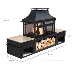 Deko Living Rimasco 80″ Metal Wood Burner Fireplace with Side Storage Tables - COB10504