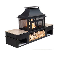 Deko Living Rimasco 80″ Metal Wood Burner Fireplace with Side Storage Tables - COB10504