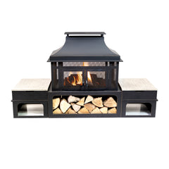 Deko Living Rimasco 80″ Metal Wood Burner Fireplace with Side Storage Tables - COB10504