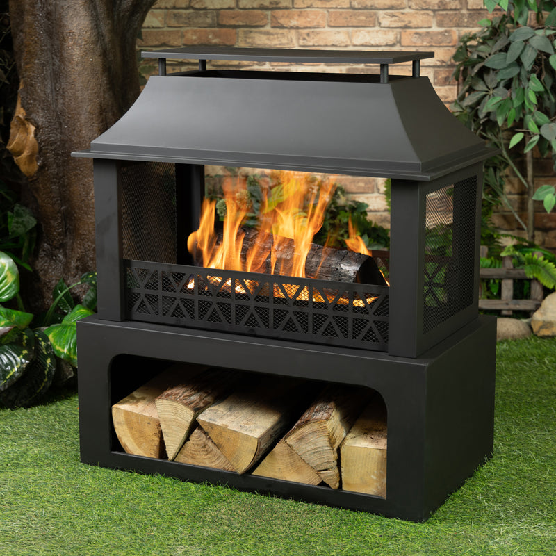 Deko Living Outdoor Metal Fireplace with Log Storage - COB10511